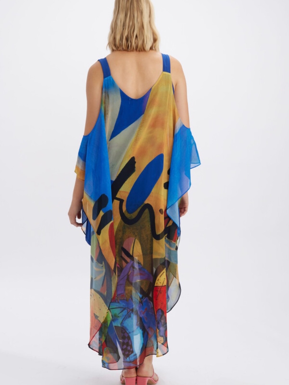 Frank Lyman Abstract Print Cold-Shoulder Maxi Dress in Blue and Multicolor